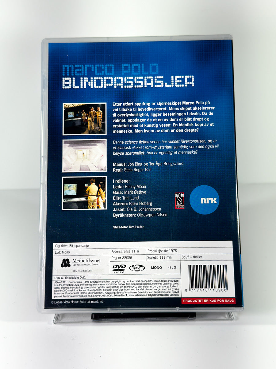 Bakside av cover til Marco Polo Blindpassasjer, bruktfilm på DVD hos Brukbar Film
