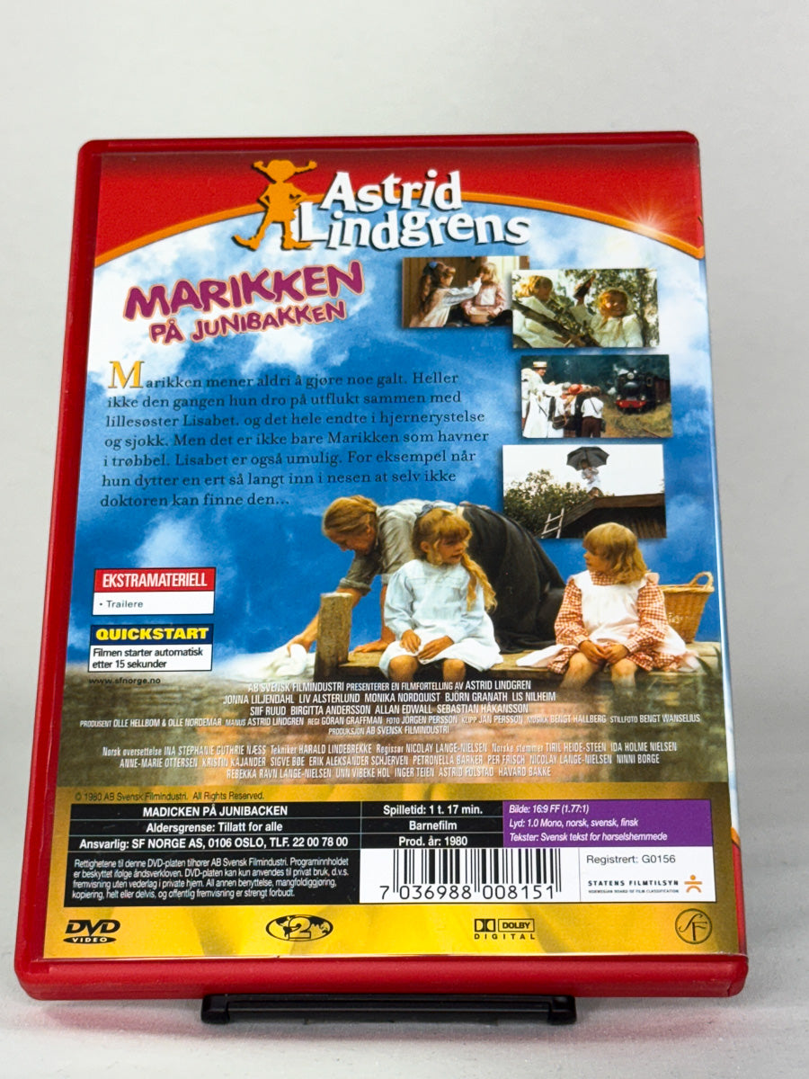 DVD-bakside til filmen Marikken på Junibakken
Baksiden viser info, spesifikasjoner og eventuell ekstratekst – produktbilde fra nettbutikken Brukbar Film