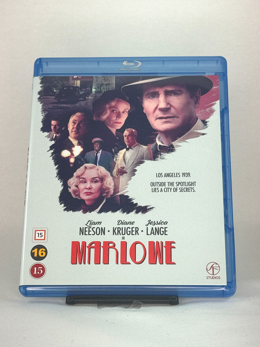 Forside av Blu-ray-cover til Marlowe med Liam Neeson, Diane Kruger og Jessica Lange – noir-krim fra Los Angeles på brukt Blu-ray hos Brukbar Film.