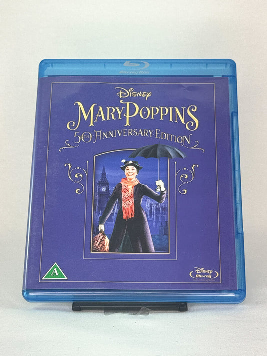 Forside av Blu-ray-cover til Mary Poppins – 50th Anniversary Edition – Disney-klassiker med Julie Andrews i hovedrollen, brukt Blu-ray hos Brukbar Film.