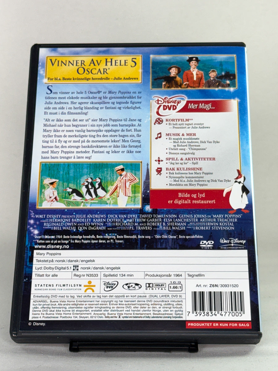 DVD-bakside til filmen Mary Poppins
Baksiden viser info, spesifikasjoner og eventuell ekstratekst – produktbilde fra nettbutikken Brukbar Film