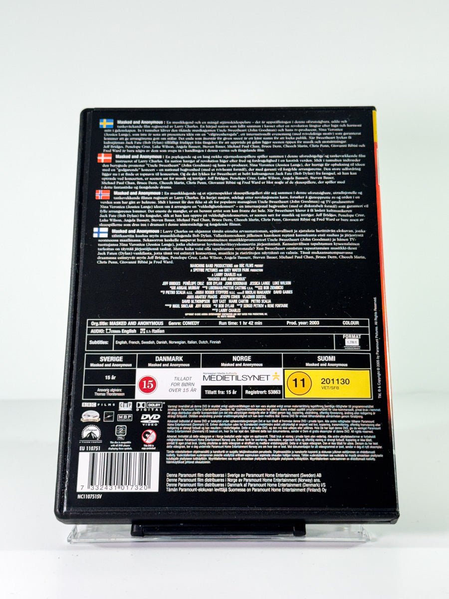 Bakside av cover til masked and anonymous, brukt DVD hos Brukbar Film