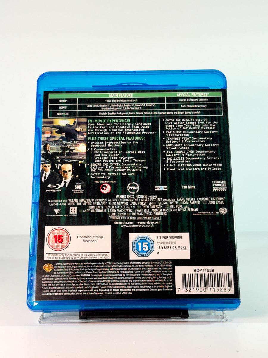Bakside av cover til Matrix Reloaded, brukt original Blu-ray hos Brukbar Film