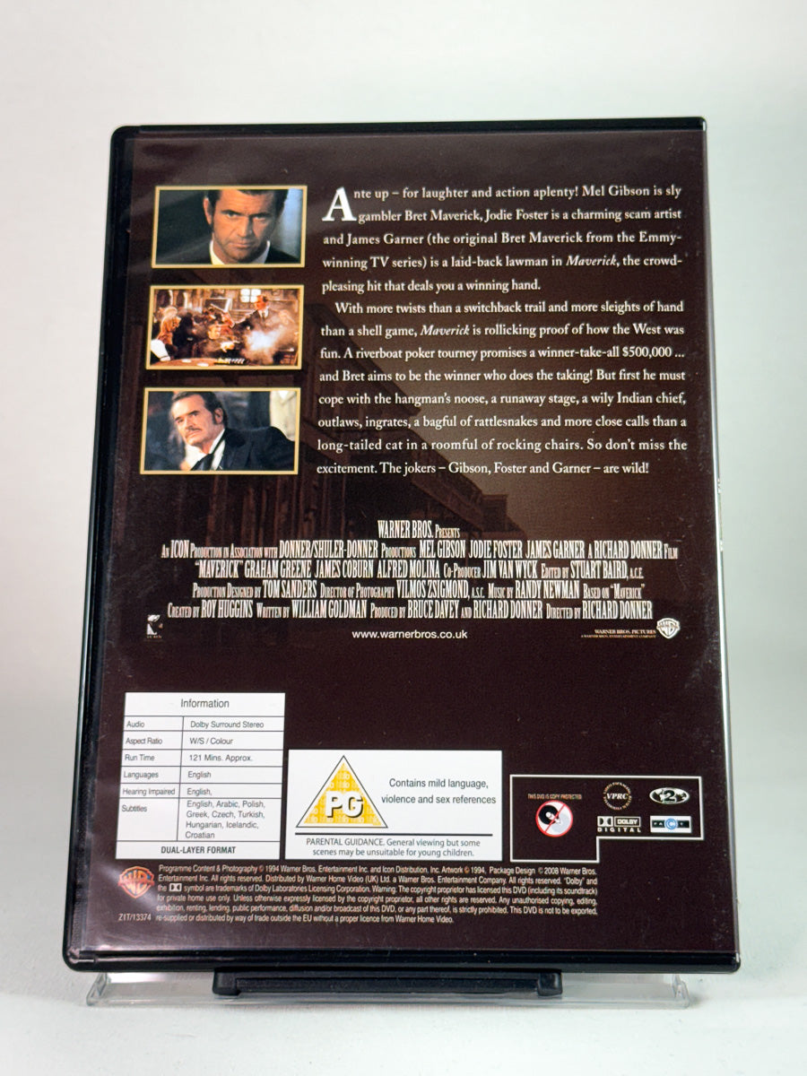 Bakside av DVD-cover for Maverick – humor, kortspill og action i klassisk westernstil, brukt DVD hos Brukbar Film.