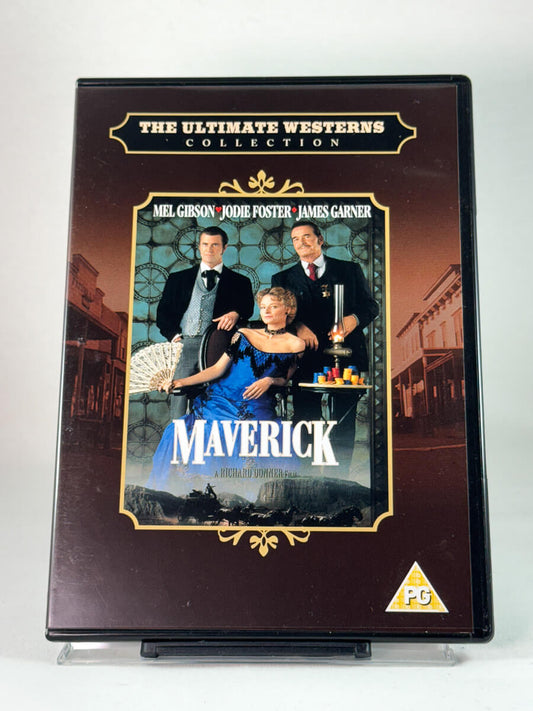Forside av DVD-cover til Maverick – westernkomedie med Mel Gibson, Jodie Foster og James Garner, brukt film hos Brukbar Film.
