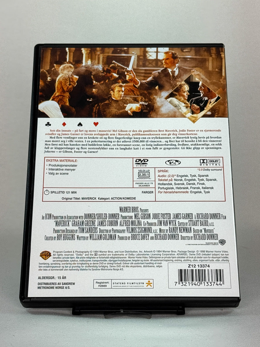 DVD-cover-bakside til filmen Maverick – Brukt DVD fra nettbutikken Brukbar Film