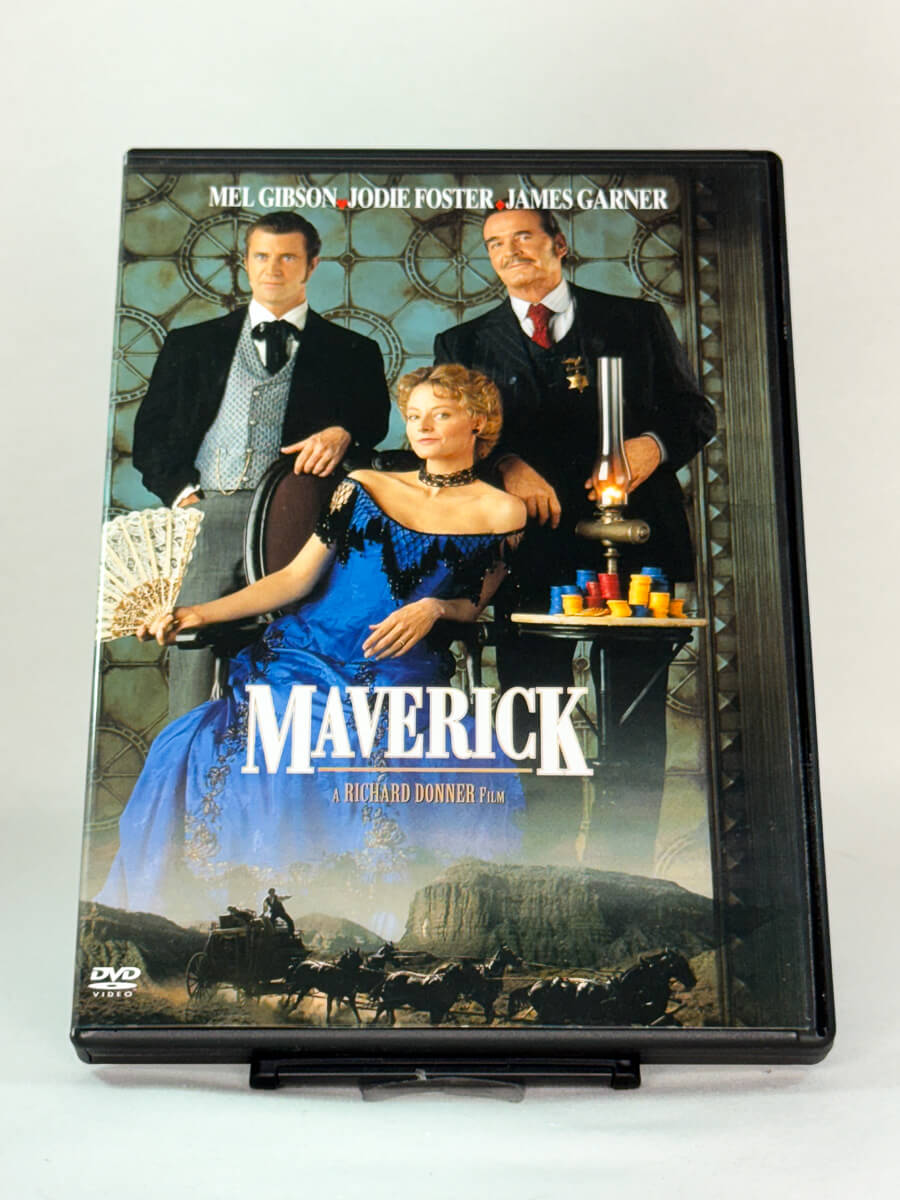DVD-cover-forside til filmen Maverick – Brukt DVD fra nettbutikken Brukbar Film