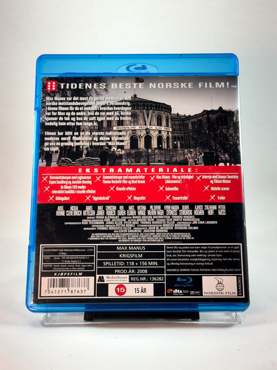 Bakside av Blu-ray-cover til Max Manus, brukt original Blu-ray hos Brukbar Film