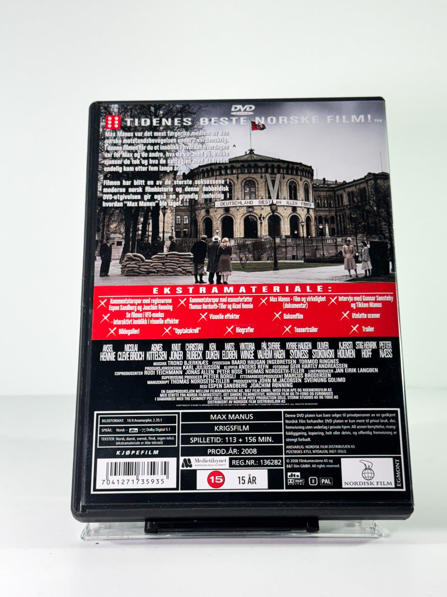 Bakside av cover til max manus, brukt original DVD hos Brukbar Film