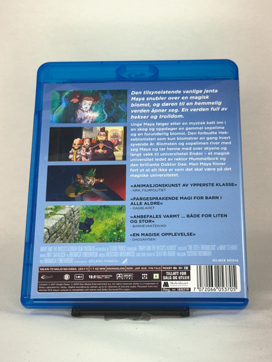Bakside av Blu-ray-cover til Maya og heksblomsten – brukt Blu-ray med info om norsk tale og detaljer, Brukbar Film