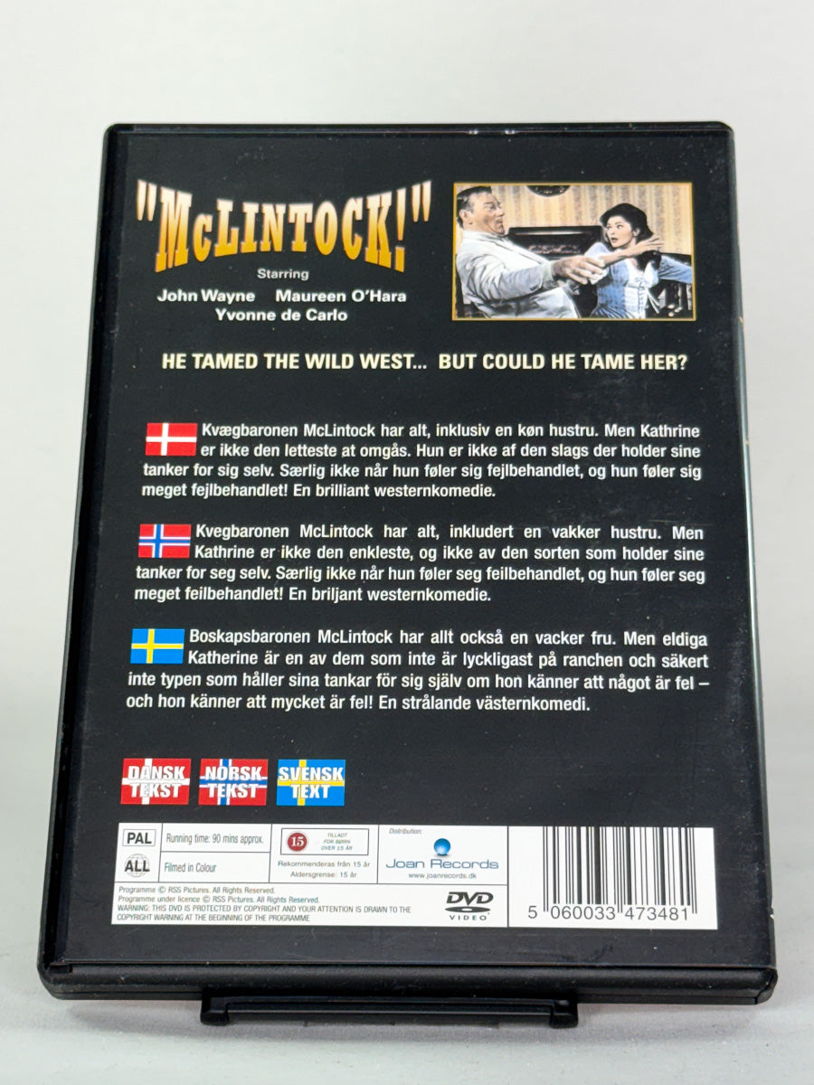 Bakside av DVD-coveret til McLintock! – westernkomedie med innhold og spesifikasjoner, brukt DVD fra Brukbar Film