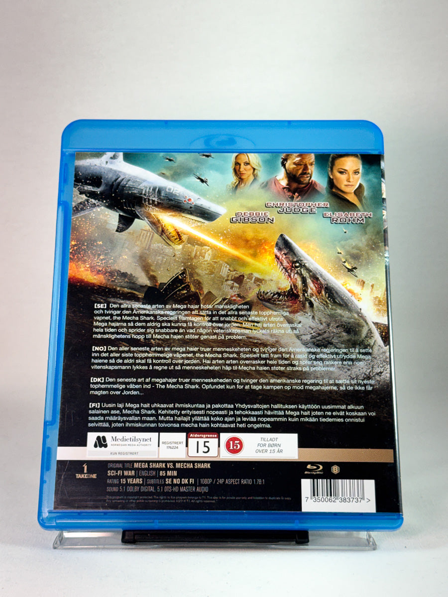 Bakside av Blu-ray-cover til Mega Shark vs. Mecha Shark, bruktfilm på Blu-ray hos Brukbar Film