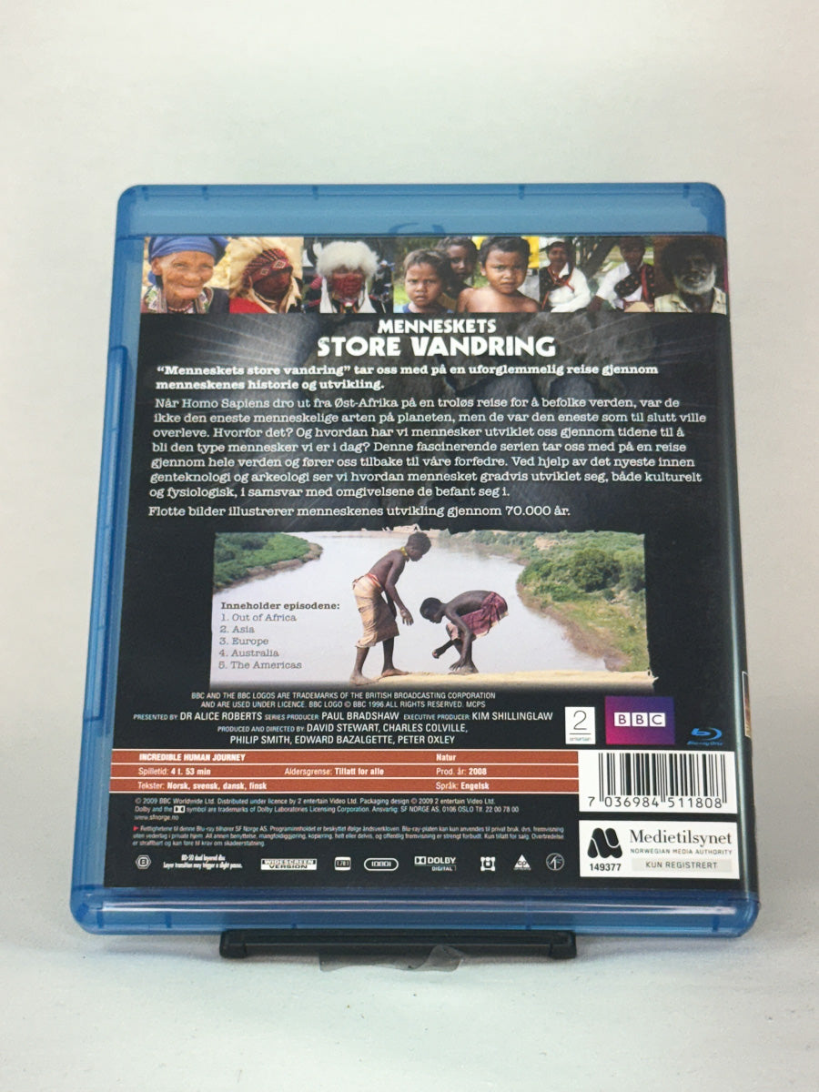 Bakside av Blu-ray-cover for Menneskets store vandring – brukt dokumentarfilm i HD-format hos Brukbar Film