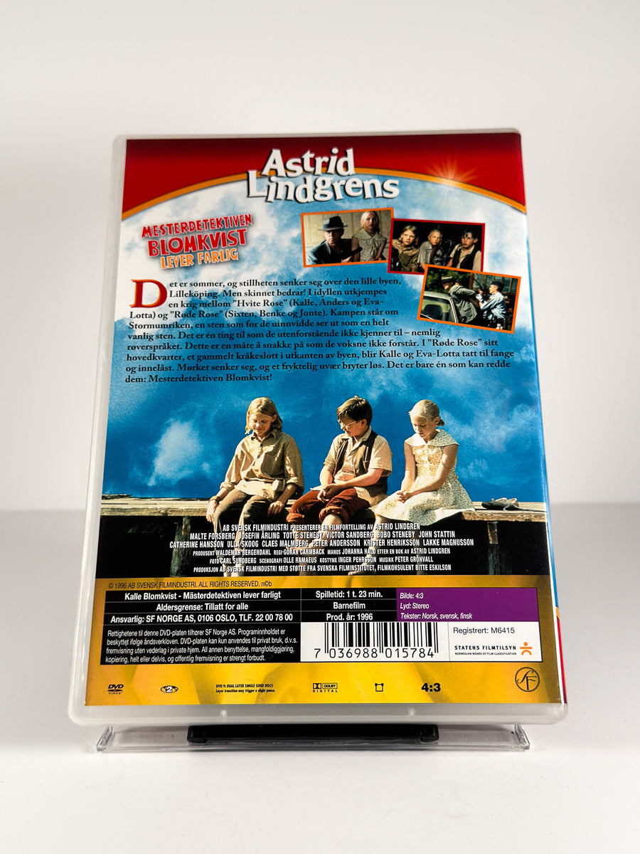 Bakside av cover til Mesterdetektiven Blomkvist lever farlig på DVD