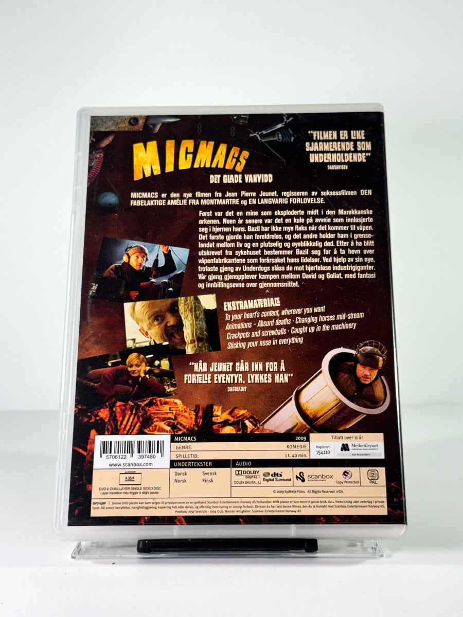 Bakside av cover til micmacs det glade vanvidd, brukt original DVD hos Brukbar Film