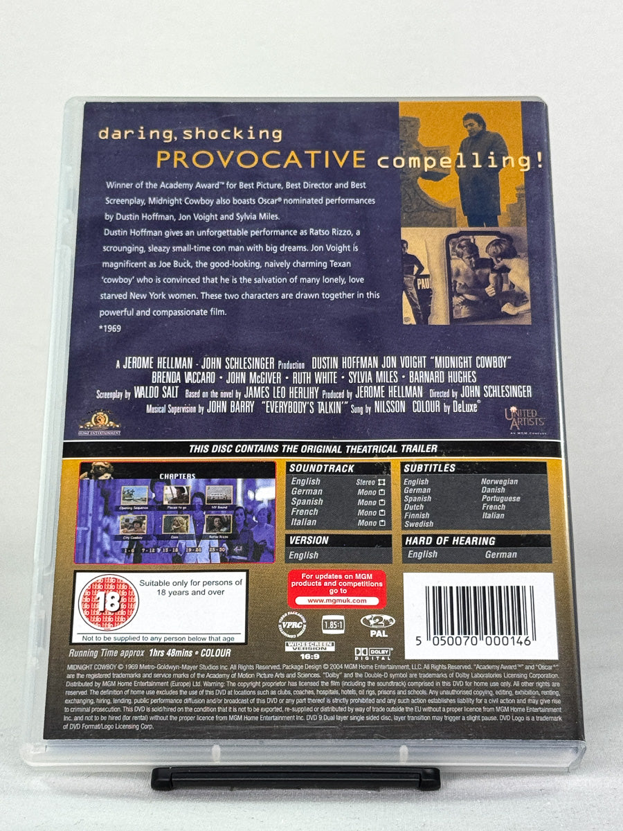 Bakside av DVD-cover til Midnight Cowboy – brukt klassiker på DVD, Oscar-belønnet drama fra 1969 hos Brukbar Film