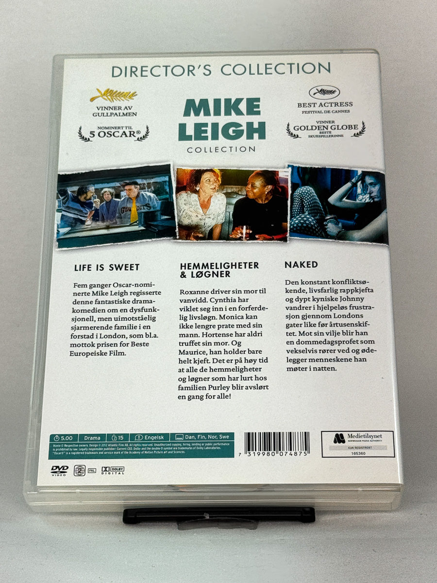Bakside av DVD-cover for Mike Leigh Collection – brukt original DVD-boks med tre klassiske filmer av Mike Leigh, tilgjengelig hos Brukbar Film
