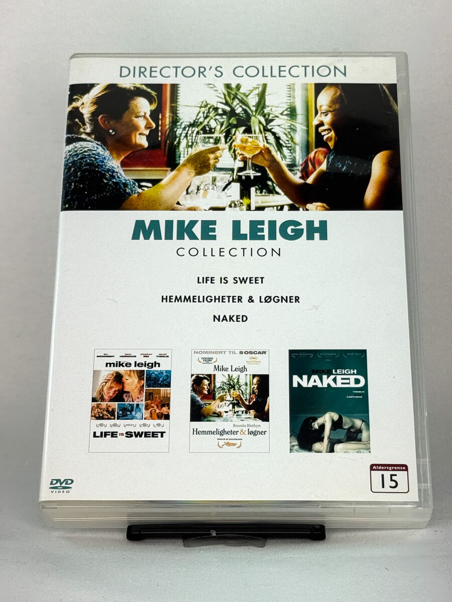 Forside av DVD-cover til Mike Leigh Collection – brukt DVD-samleboks med Life is Sweet, Hemmeligheter & Løgner og Naked, original brukt film hos Brukbar Film