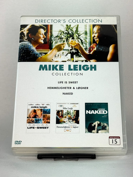 Forside av DVD-cover til Mike Leigh Collection – brukt DVD-samleboks med Life is Sweet, Hemmeligheter & Løgner og Naked, original brukt film hos Brukbar Film