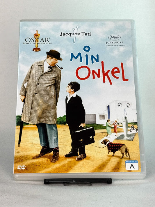 Forside av DVD-cover til Min onkel av Jacques Tati – Oscar-vinnende fransk komedieklassiker, brukt DVD hos Brukbar Film.