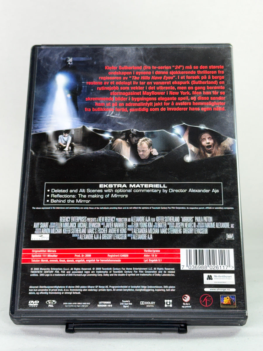 Bakside av DVD-cover til filmen Mirrors, bruktfilm hos nettbutikken Brukbar Film