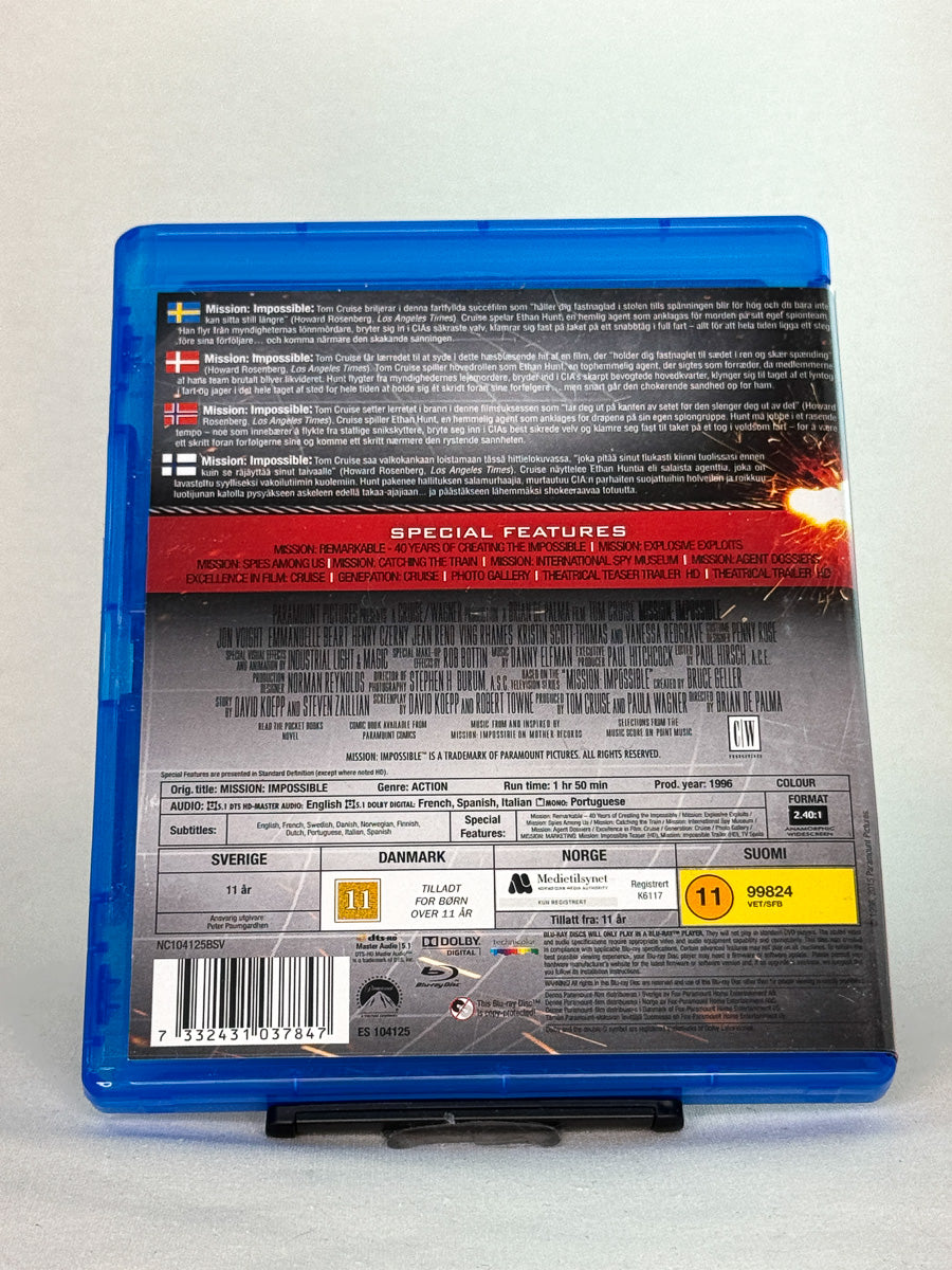 Bakside av Blu-ray-cover til Mission: Impossible – brukt originalfilm på Blu-ray, første film i serien hos Brukbar Film