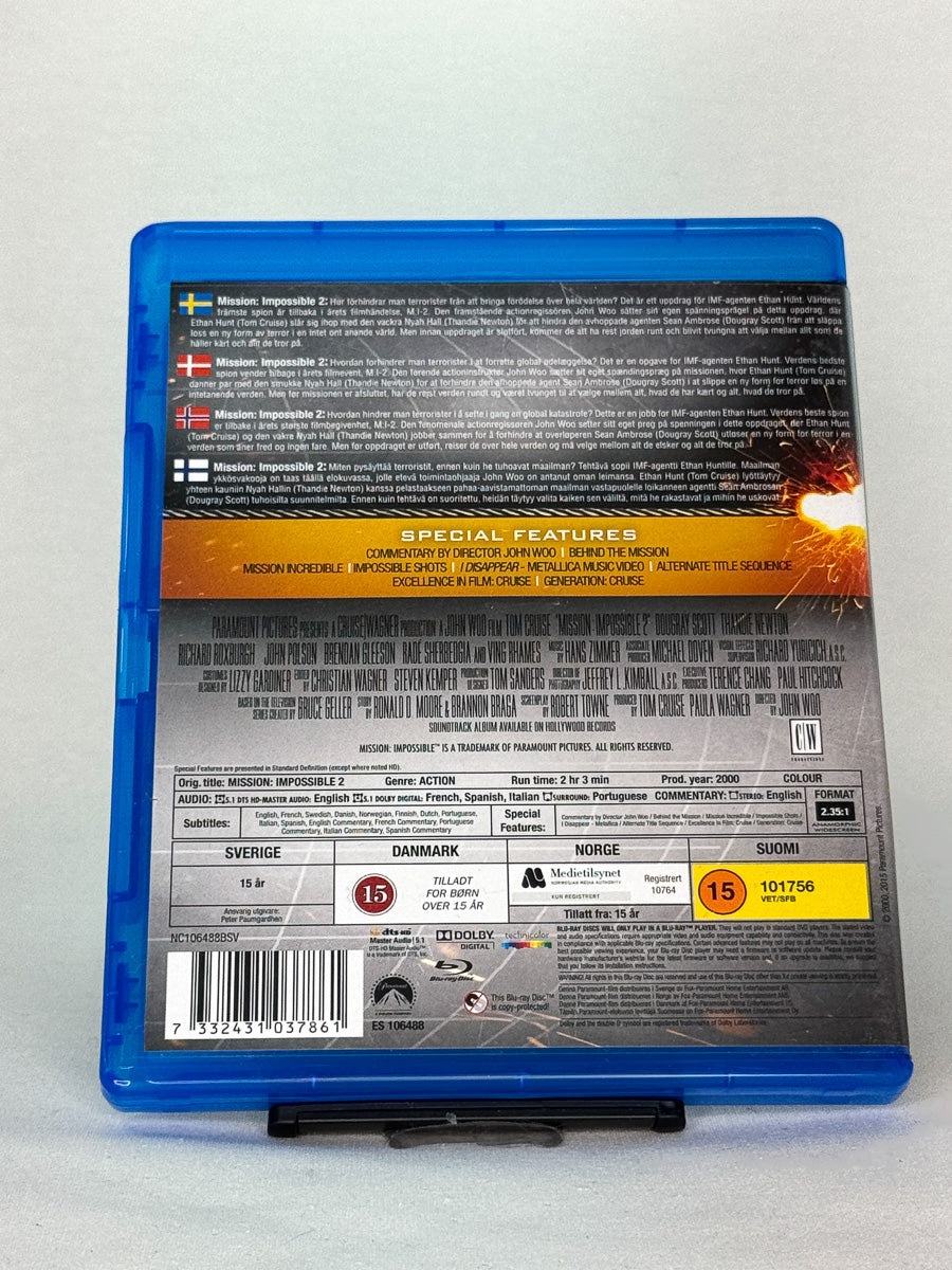 Bakside av Blu-ray-cover til Mission: Impossible 2 – brukt originalfilm på Blu-ray, regissert av John Woo hos Brukbar Film