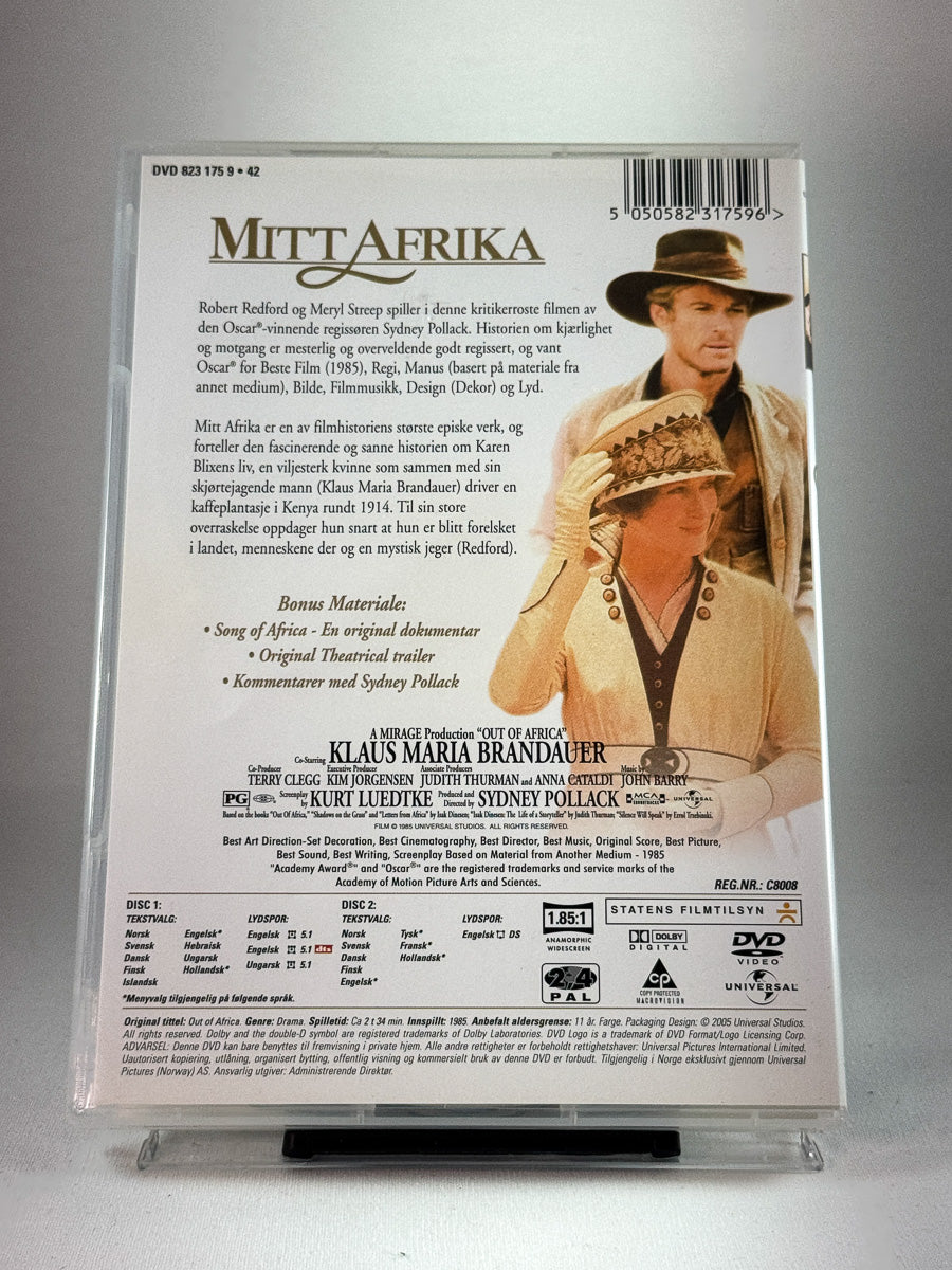 Bakside av DVD-cover til Mitt Afrika, brukt DVD med oversikt over spesialutgaven og tekniske spesifikasjoner hos Brukbar Film