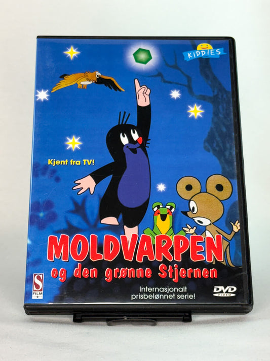 Forside av DVD-cover til Moldvarpen og den grønne stjernen – kjent fra TV, med eventyrlig animasjon for barn – brukt DVD fra den prisbelønte serien hos Brukbar Film.