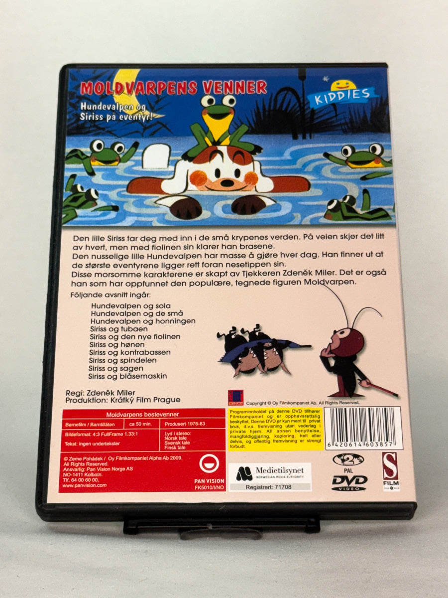 Bakside av DVD-cover til Moldvarpens bestevenner – klassisk animasjon for de minste med Moldvarpen og vennene hans – brukt barne-DVD tilgjengelig hos Brukbar Film.