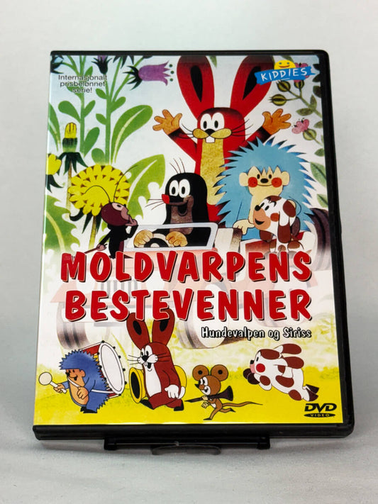 Forside av DVD-cover til Moldvarpens bestevenner – sjarmerende barnefilm med Hundevalpen og Siriss, kjent fra den prisbelønte serien – brukt DVD for barn hos Brukbar Film.