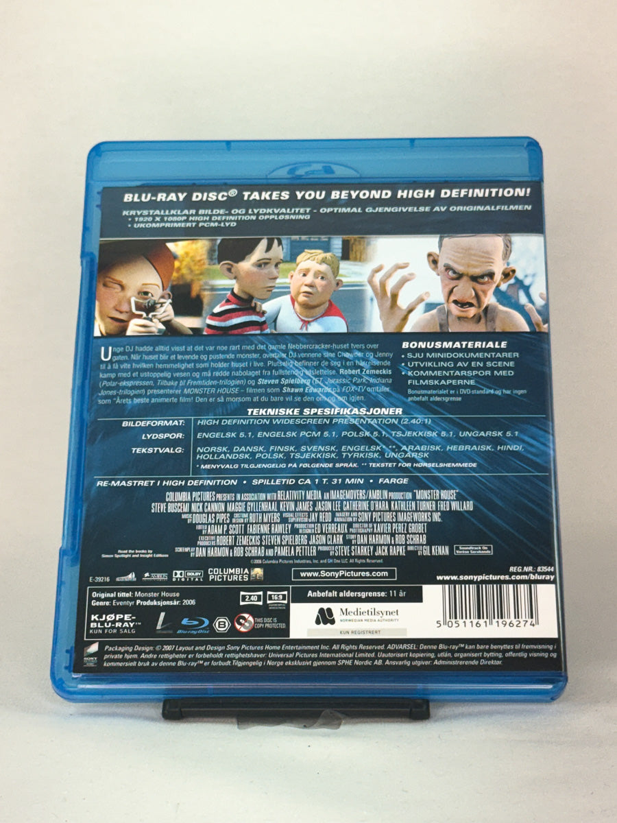 Bakside av Blu-ray-cover til Monster House – brukt animasjonsfilm på Blu-ray med språkvalg og ekstramateriale, Brukbar Film