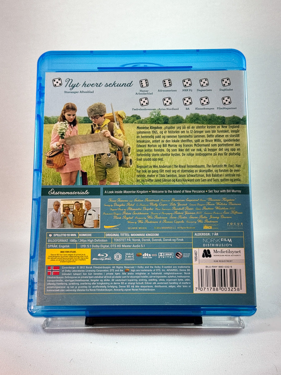 Moonrise Kingdom – bakside av Blu-ray-cover, romantisk coming-of-age-film, bruktfilm hos Brukbar Film