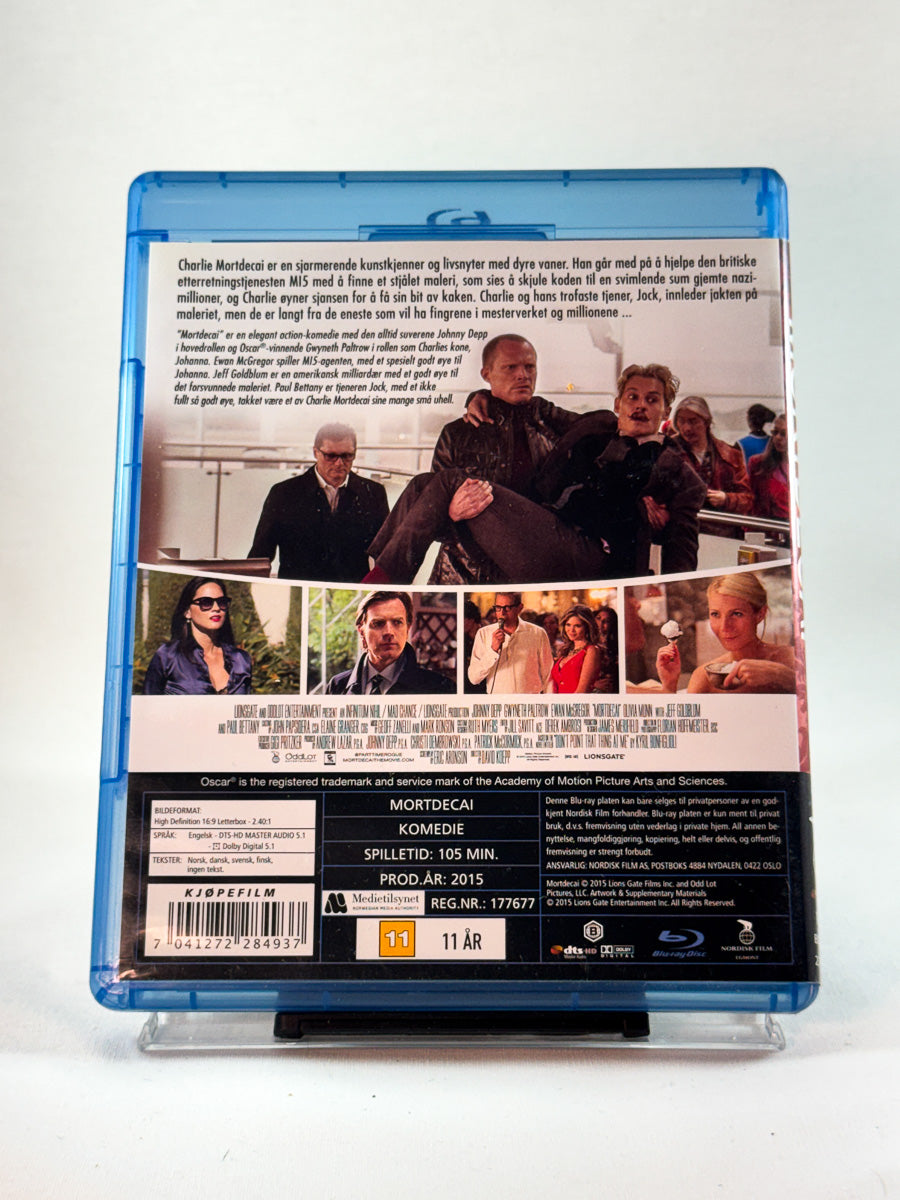 Bakside av Blu-ray-cover til Mortdecai, bruktfilm på Blu-ray hos Brukbar Film