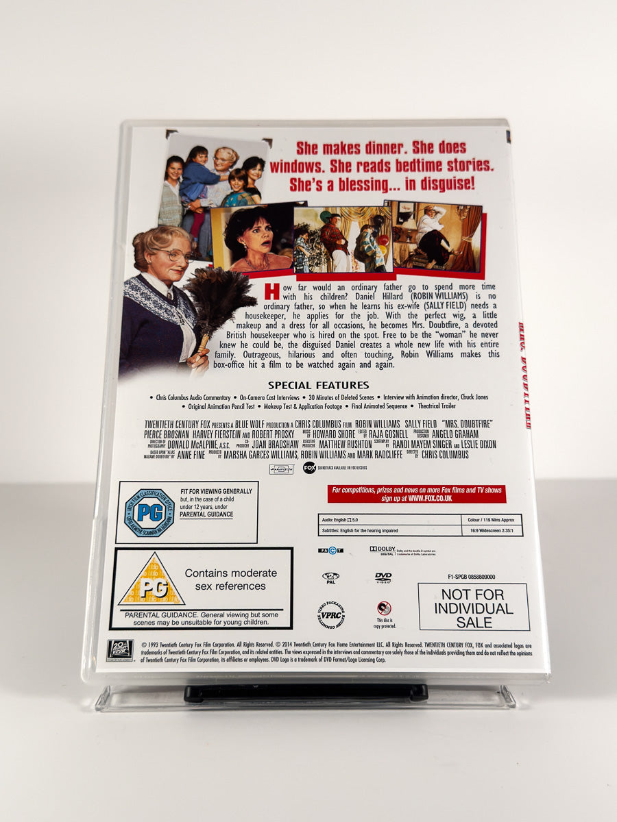 Bakside av cover til Mrs. Doubtfire på DVD