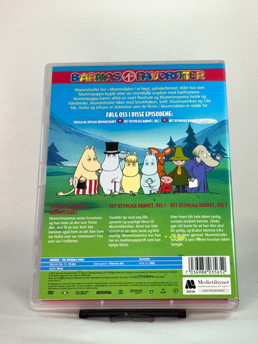 Bakside av DVD-cover til Mummitrollet – Det usynlige barnet – brukt original tegnefilmklassiker for hele familien, tilgjengelig hos Brukbar Film