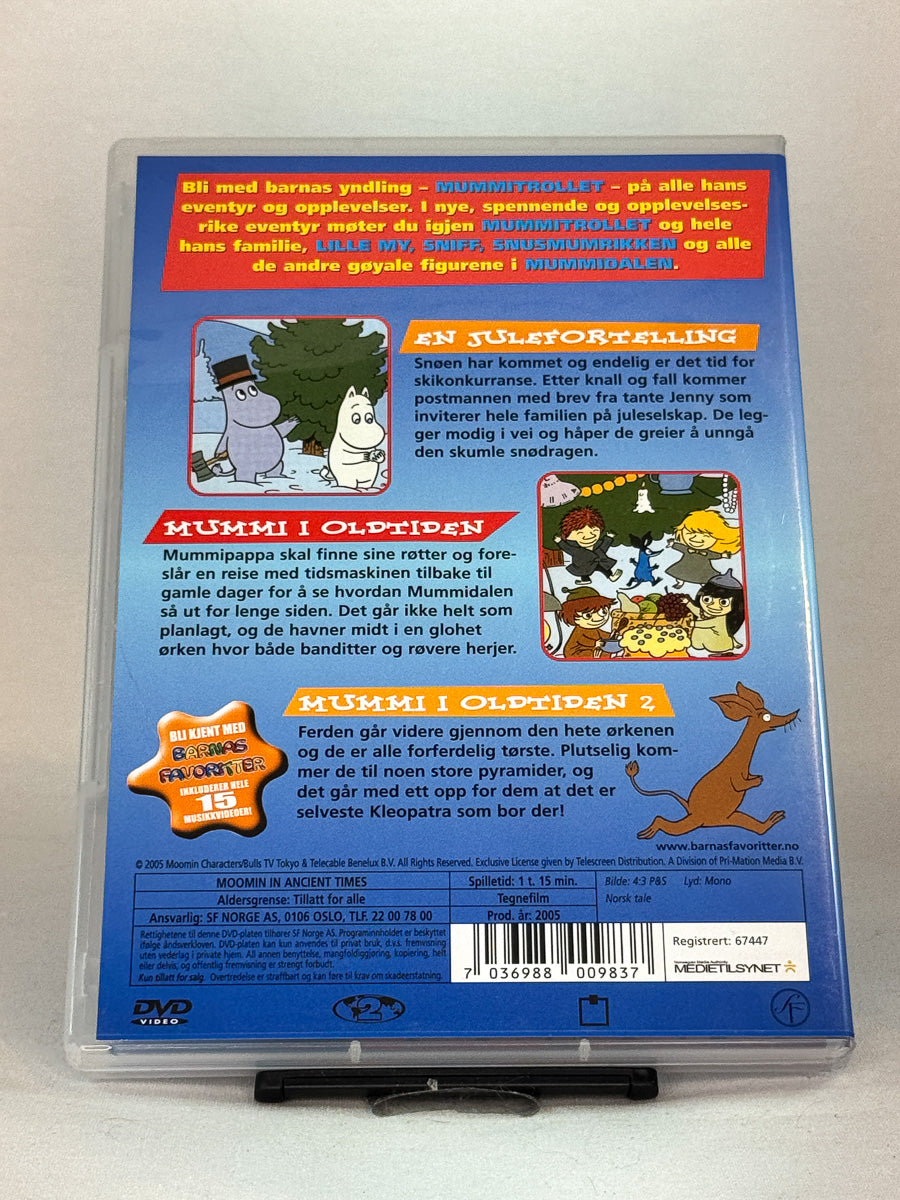 Bakside av DVD-cover til Mummitrollet – Mummi i oldtiden – en nostalgisk fortelling fra den populære TV-serien med norsk tale, brukt originalfilm på DVD hos Brukbar Film.
