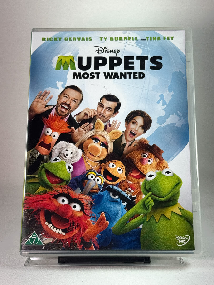Forside av DVD-cover til Muppets Most Wanted, bruktfilm hos nettbutikken Brukbar Film