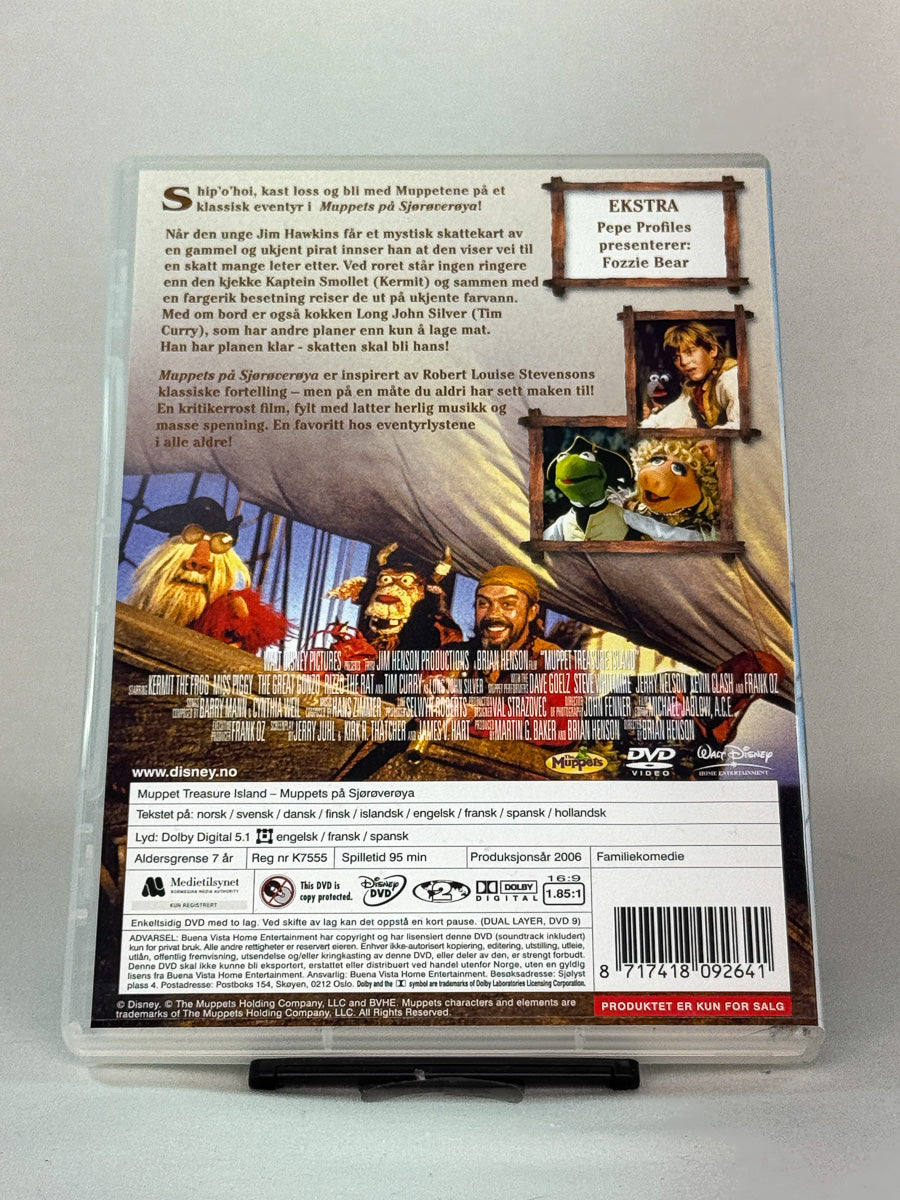 Bakside av DVD-cover for Muppets på sjørøverøya – brukt original Muppets-film, perfekt for samlere av familie- og eventyrfilmer hos Brukbar Film