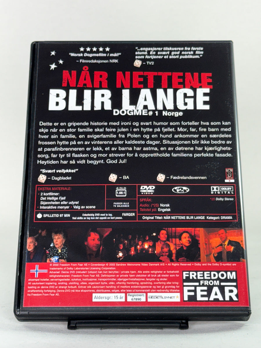 DVD-bakside til filmen Når nettene blir lange
Baksiden viser info, spesifikasjoner og eventuell ekstratekst – produktbilde fra nettbutikken Brukbar Film