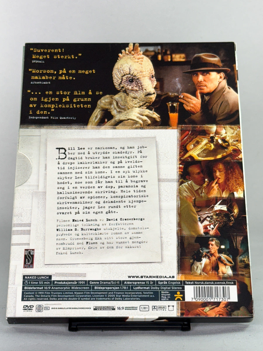 Baksidebilde av Naked Lunch DVD – surrealistisk sci-fi/drama med Peter Weller, brukt originalfilm på DVD fra Brukbar Film