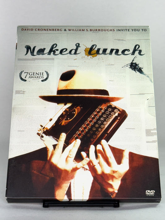 Forside av DVD-cover til Naked Lunch – David Cronenbergs kultfilm basert på William S. Burroughs’ roman, brukt film hos Brukbar Film