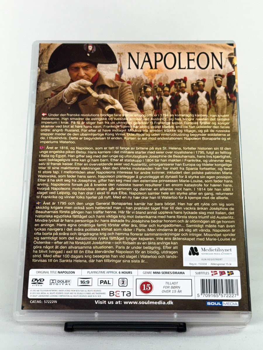 Bakside av DVD-cover til miniserien Napoleon, bruktfilm hos nettbutikken Brukbar Film