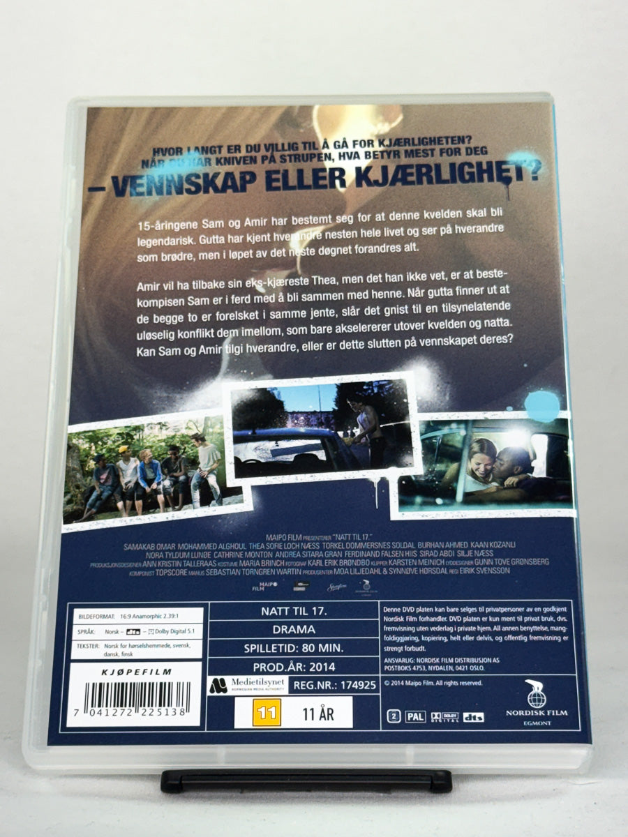 Bakside av DVD-cover Natt til 17. – brukt norsk film, oversikt over innhold/bonus og teknisk info hos Brukbar Film