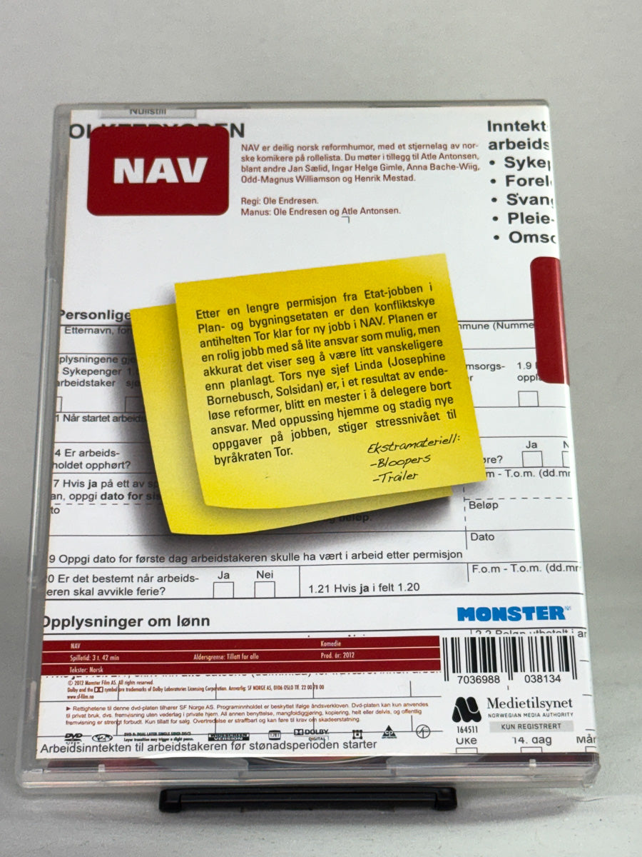 DVD-bakside til serien NAV
Baksiden viser info, spesifikasjoner og eventuell ekstratekst – produktbilde fra nettbutikken Brukbar Film
