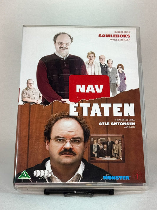 Forside av DVD-cover til NAV – Etaten – byråkratisk komiserie med Atle Antonsen, Ingar Helge Gimle og Jan Sælid, brukt norsk TV-serie på DVD hos Brukbar Film.