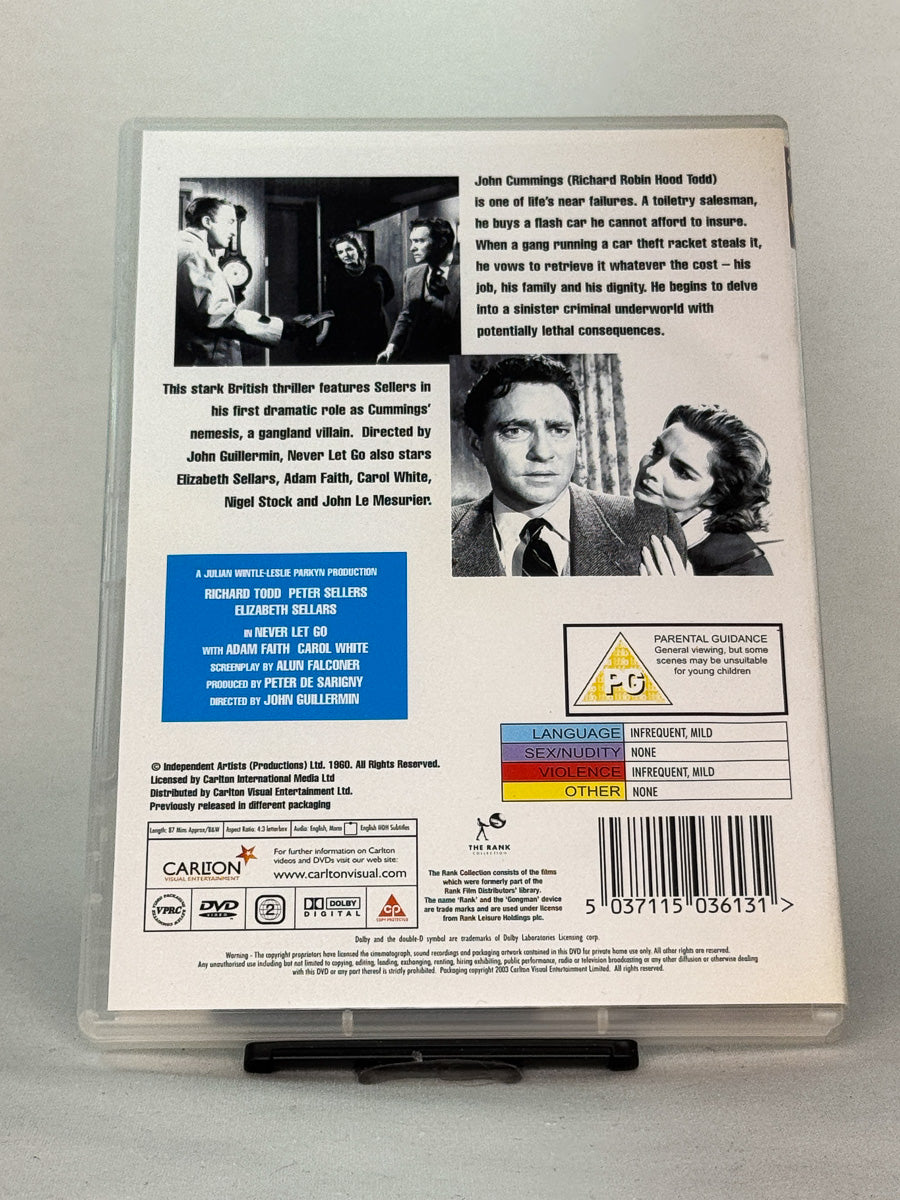 Bakside av DVD-cover til Never Let Go – britisk dramathriller fra 60-tallet med Peter Sellers, original brukt DVD hos Brukbar Film.