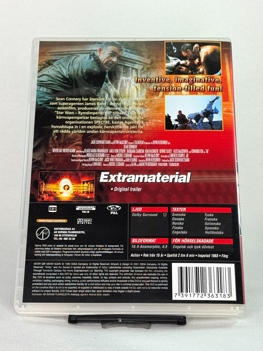 DVD-cover-bakside til filmen Never Say Never Again – Brukt DVD fra nettbutikken Brukbar Film