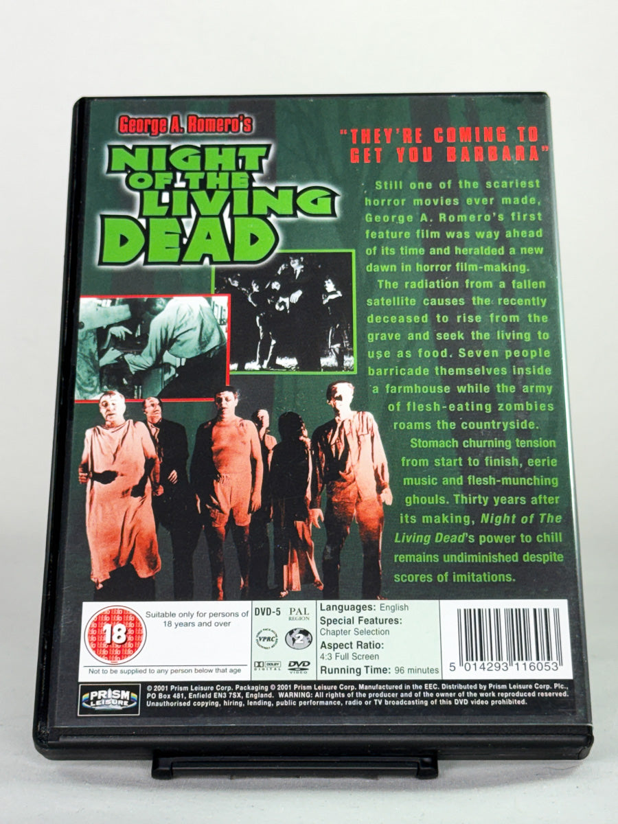 Bakside av DVD-cover til Night of the Living Dead – original bruktfilm på DVD, informasjon fra Brukbar Film