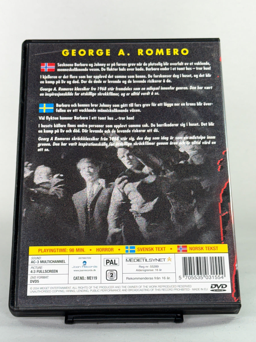 Bakside av DVD-cover til Night of the Living Dead – original bruktfilm på DVD, informasjon fra Brukbar Film